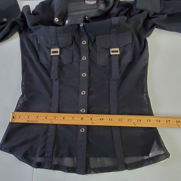 Bisou Bisou Sheer Black Top Size M Snap Front Buckle Pocket Shirt Cyber Goth - Picture 9 of 13
